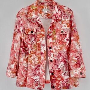 Christopher Banks Button Up Jacket Size Medium Pink Floral Pockets 3/4 Sleeves
